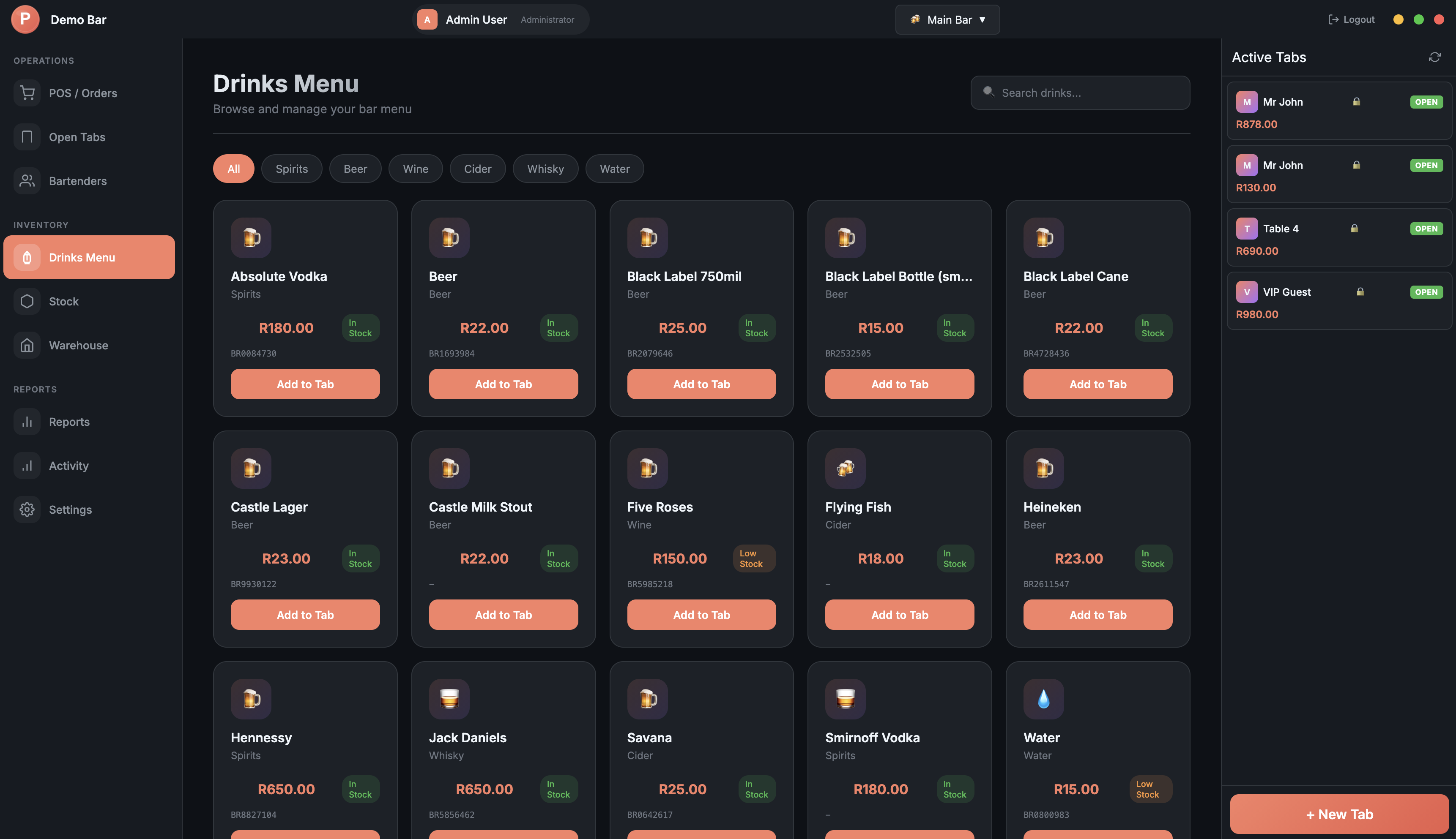 Drinks Menu - Category organized